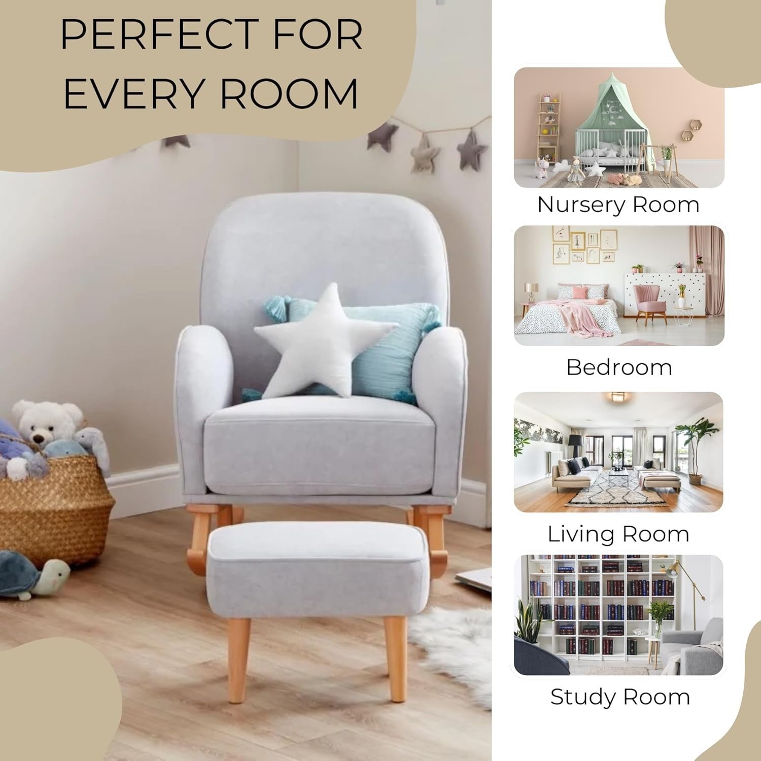 Nursing Rocking Chair & Footstool Grey | Soft Fabric, Wood Base, Comfy