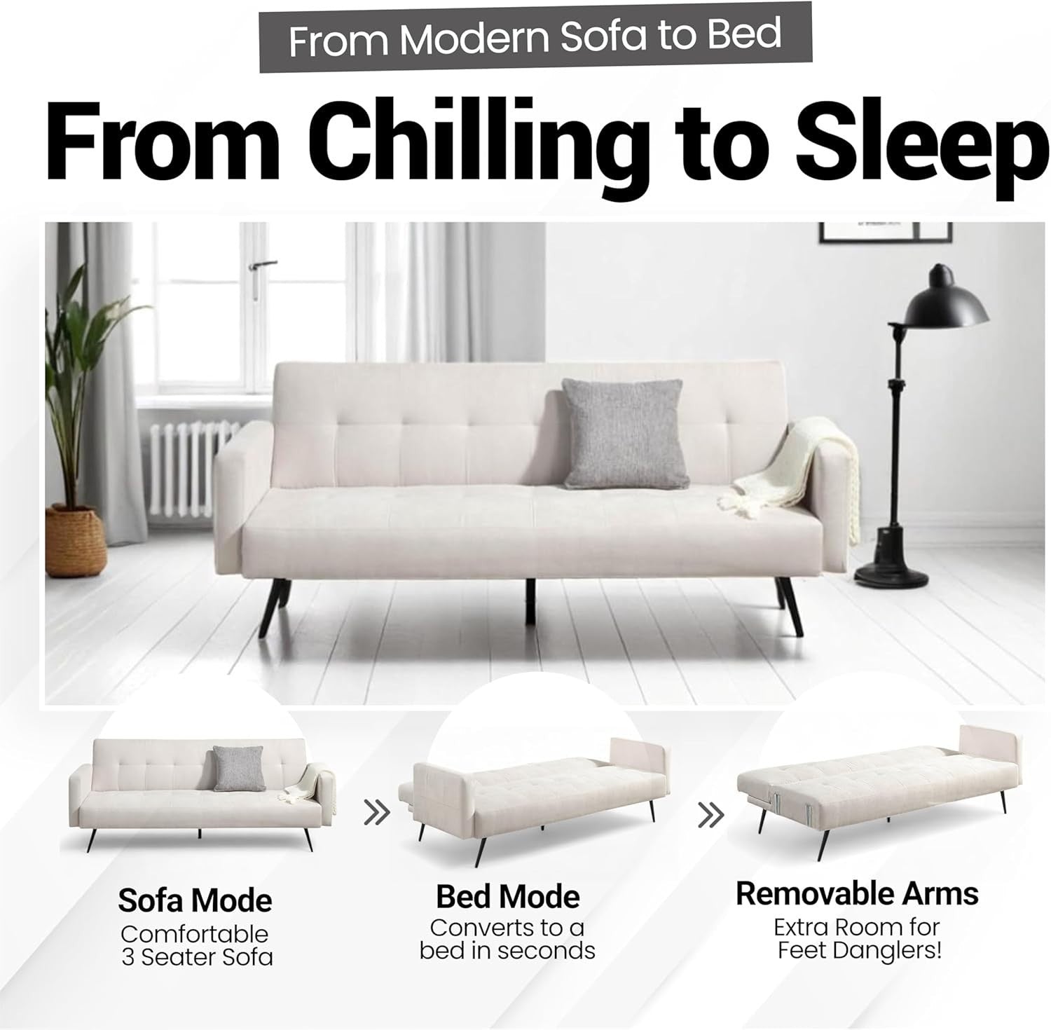 Luxury 3 Seater Sofa Bed Click Clack Natural Fabric Modern Minimalist