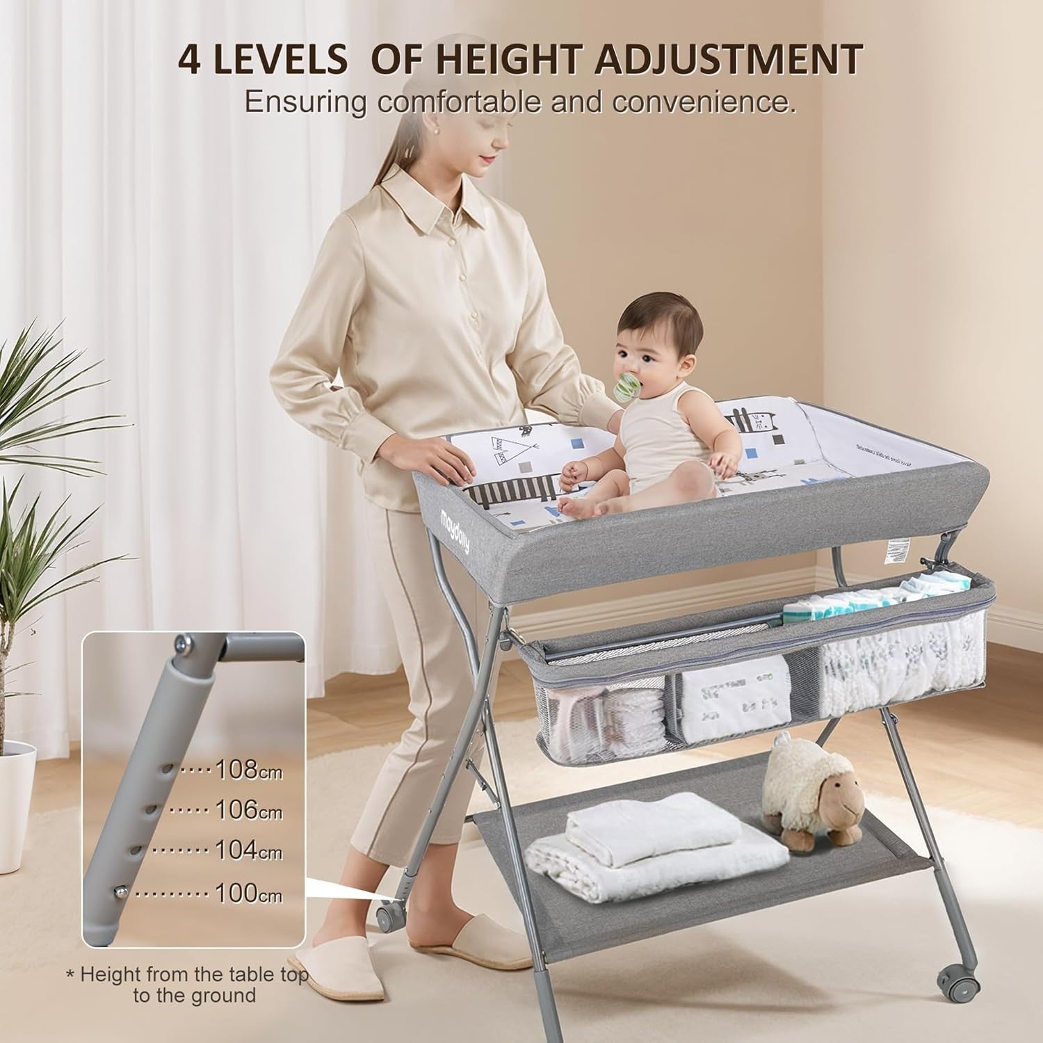 Baby Changing Table Adjustable Folding Diaper Station with Storage Light Grey