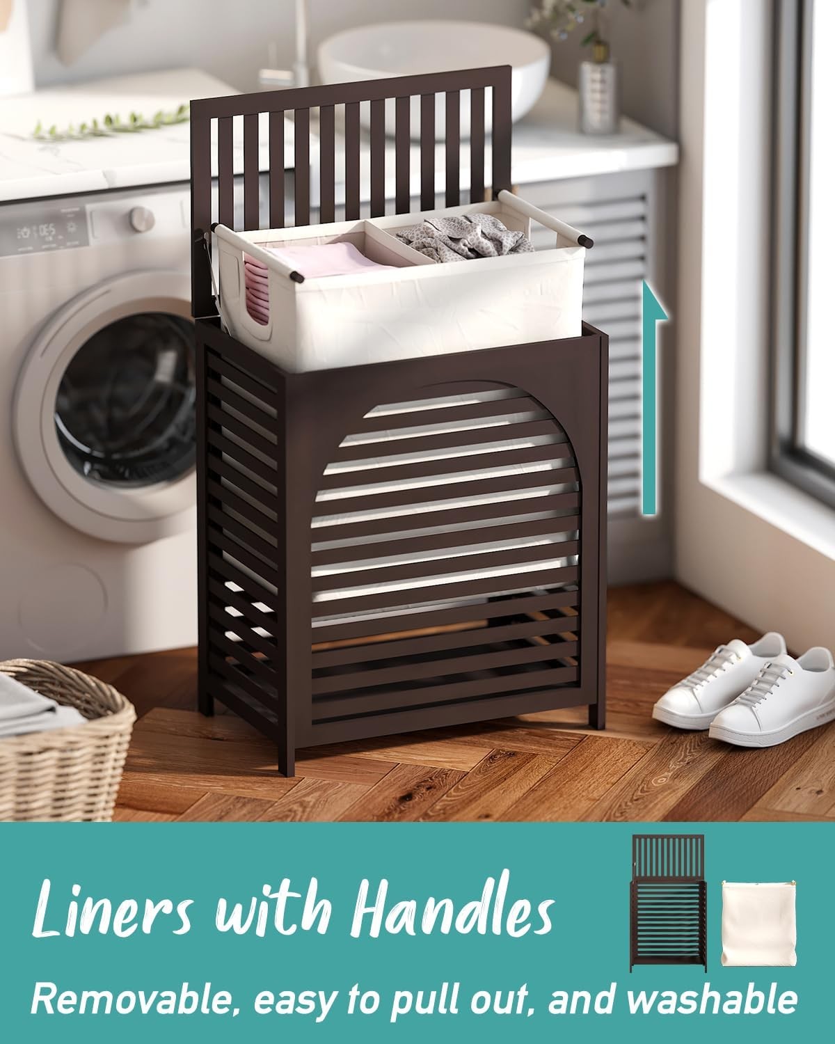 Brown Bamboo Laundry Hamper XL 103L with Lid & Removable Liner | Ventilated Bask
