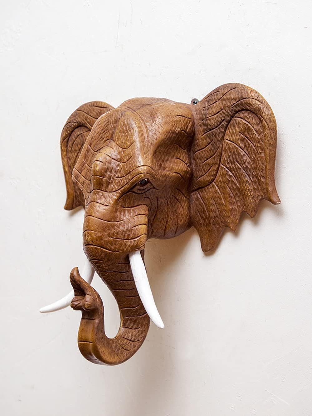 Thai Elephant Head Wall Sculpture 13" Wooden Bust Decor