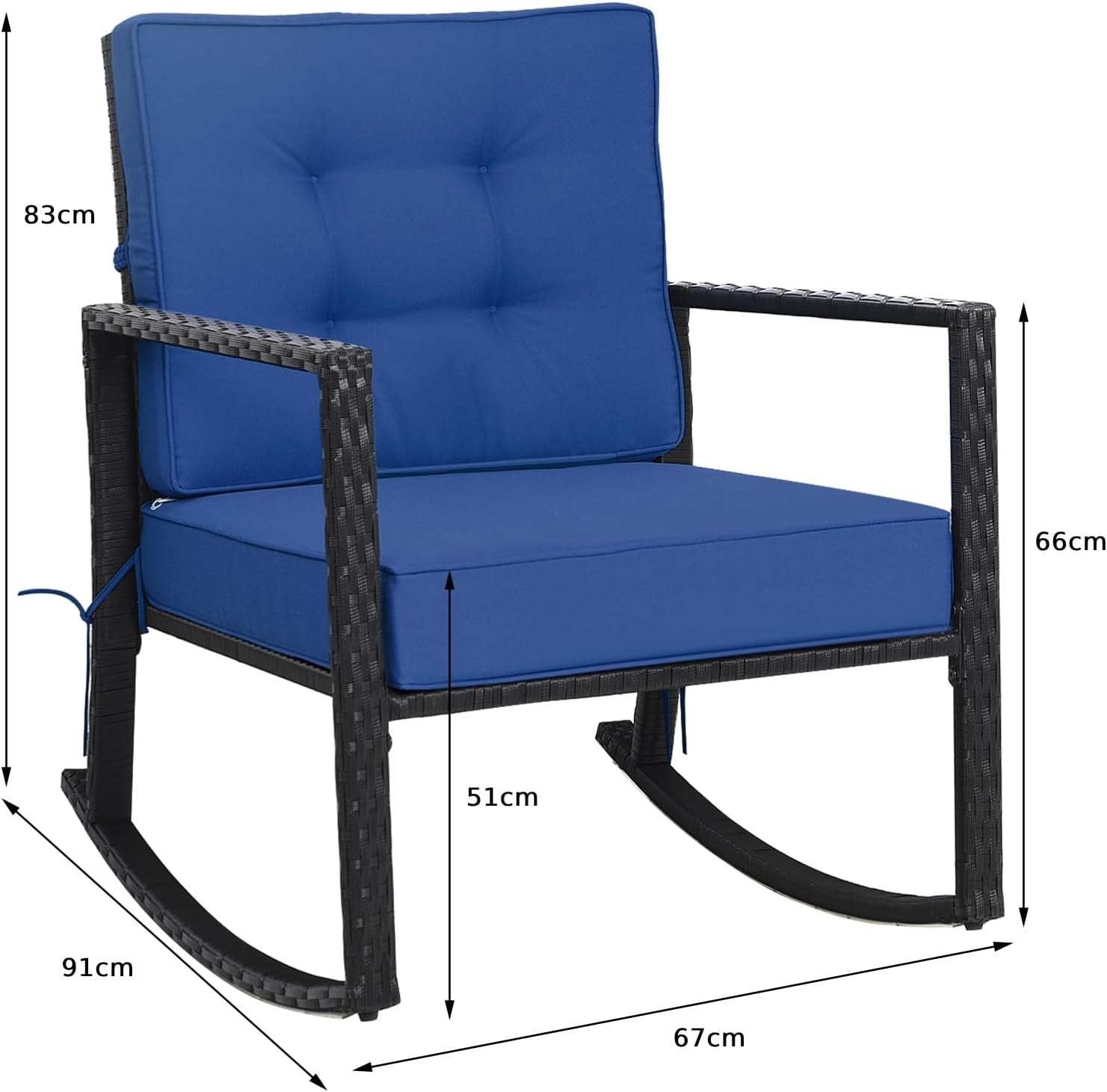 Navy Rattan Outdoor Rocking Chair with Cushions & Armrests Patio Glider