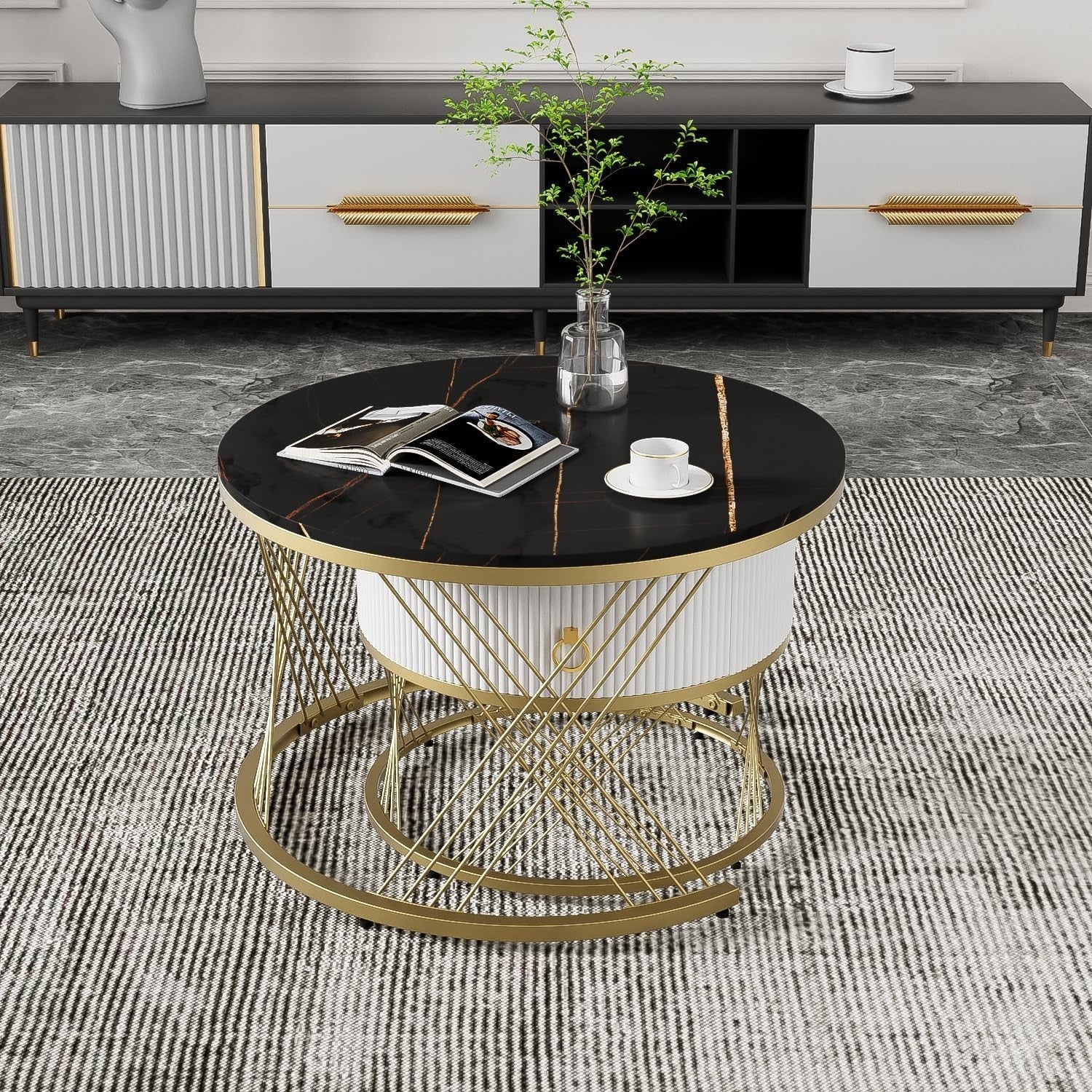 Marble Nesting Coffee Table Set with Drawer – Gold Legs, Modern & Space Saving