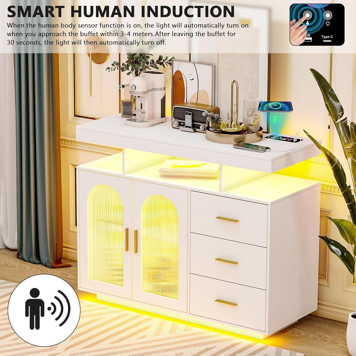 White LED Sideboard Buffet with Wireless Charging, RGB Lighting & USB Ports