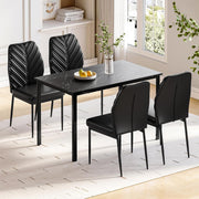 Modern Marble Dining Table Set 4 PU Chairs Black Leaf Pattern Kitchen