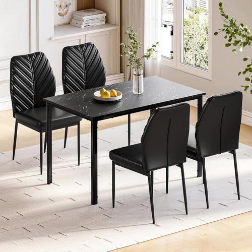 Modern Marble Dining Table Set 4 PU Chairs Black Leaf Pattern Kitchen