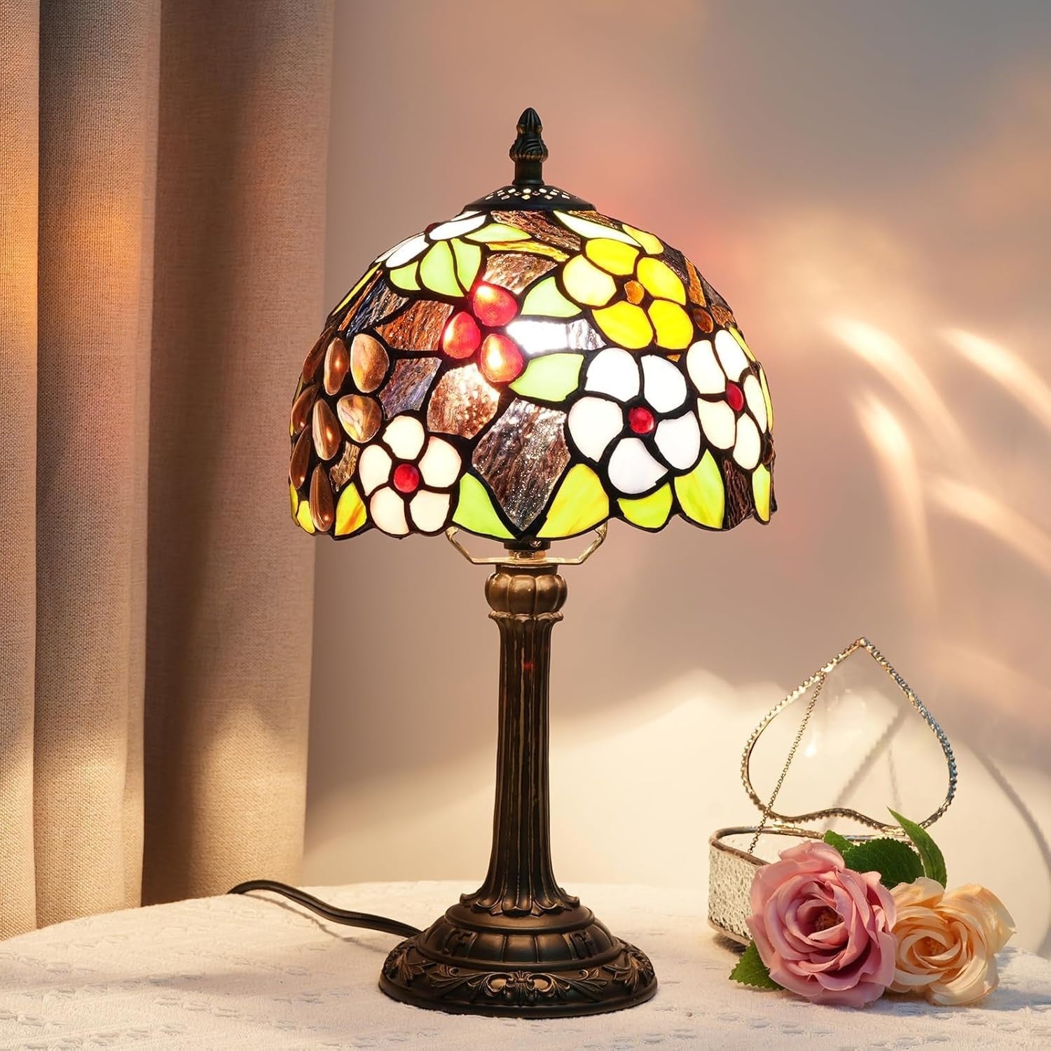 Stained Glass Table Lamp Grape Flower 8x14 Inch Bedside Light