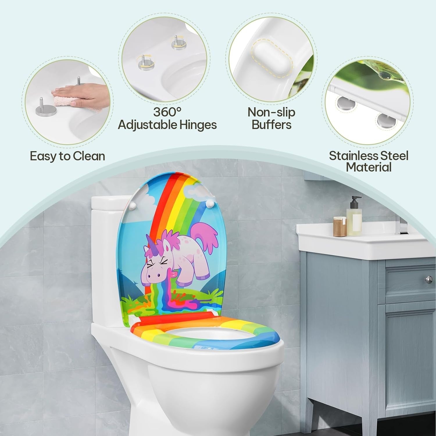 Soft Close O-Shaped Toilet Seat Quick Release Duroplast Rainbow Unicorn Print