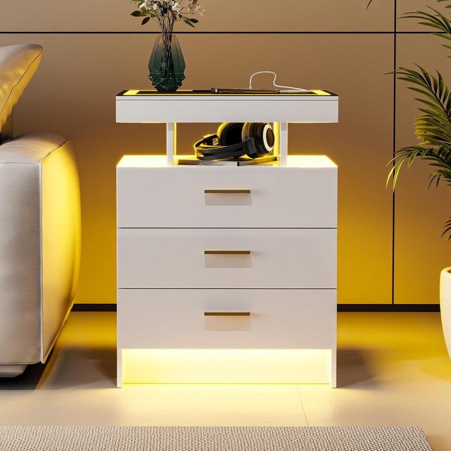 White LED Bedside Table with Wireless Charging, Glass Top & 3 Drawer Storage