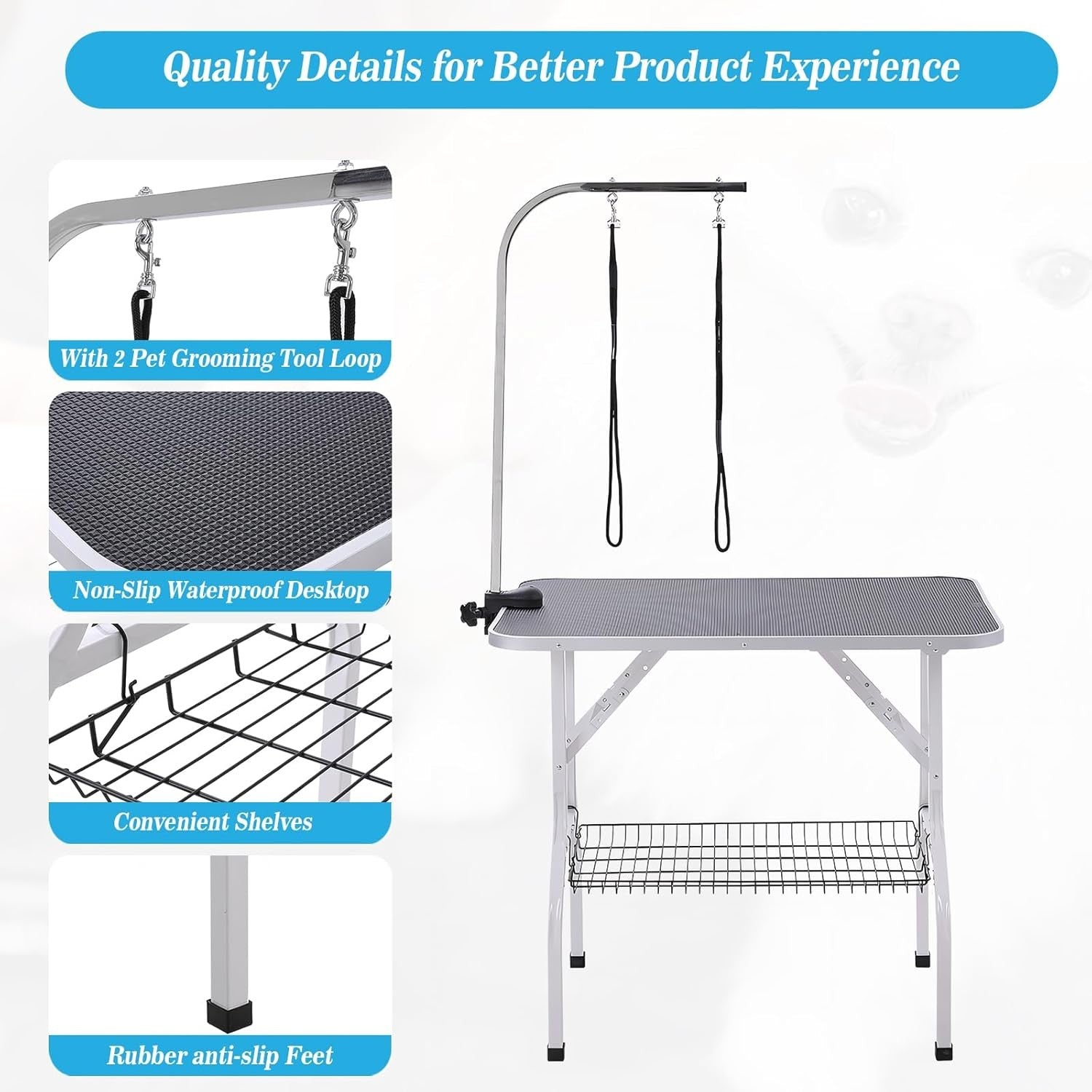 Dog Grooming Table Foldable Adjustable Height Non Slip w Arm Noose Tray