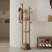 Walnut Wooden Coat Rack Stand with 3 Shelves | Rotating 9 Hooks Hall Tree