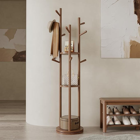 Walnut Wooden Coat Rack Stand with 3 Shelves | Rotating 9 Hooks Hall Tree
