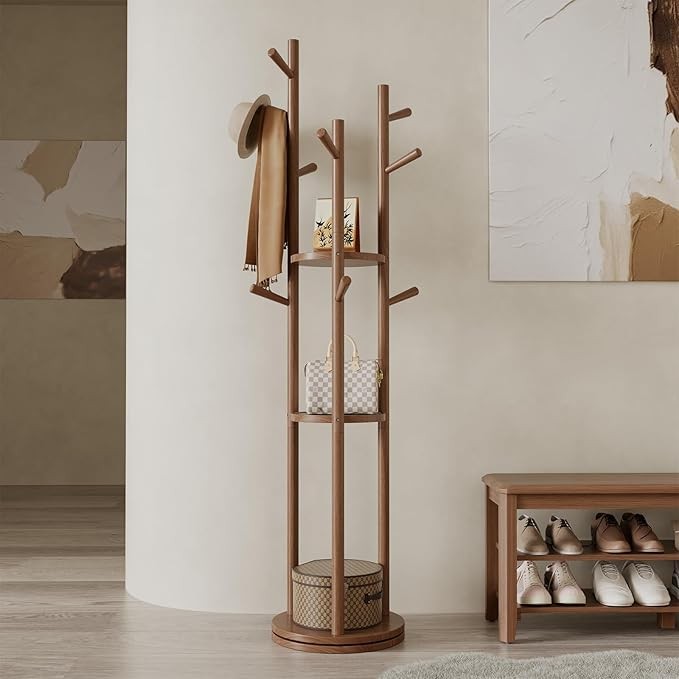 Walnut Wooden Coat Rack Stand with 3 Shelves | Rotating 9 Hooks Hall Tree