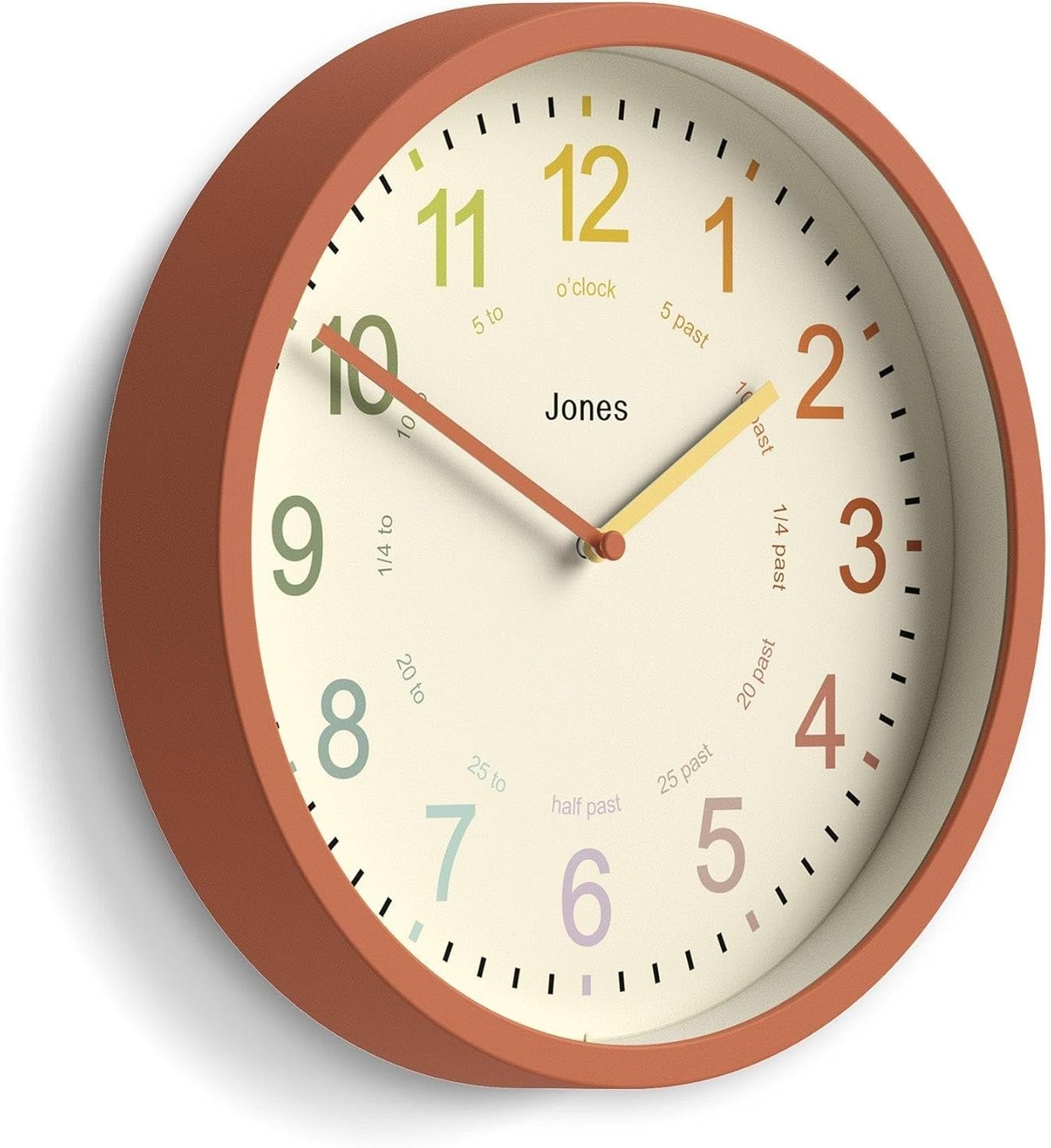 Modern Kids Wall Clock 25cm Silent Quartz Nursery Clock Terracotta Orange
