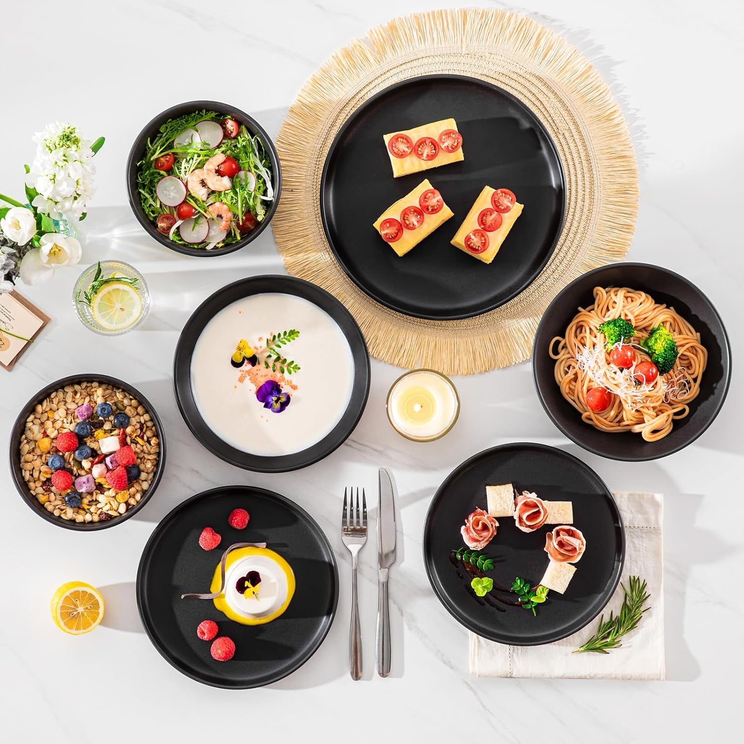 24pc Black Stoneware Dinner Set Matte Glaze Plates Bowls Microwave Safe
