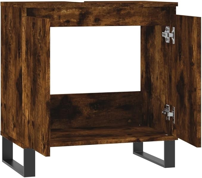 Rustic Oak Under Sink Bathroom Cabinet 58cm Modern Vanity Unit w/ Metal Legs