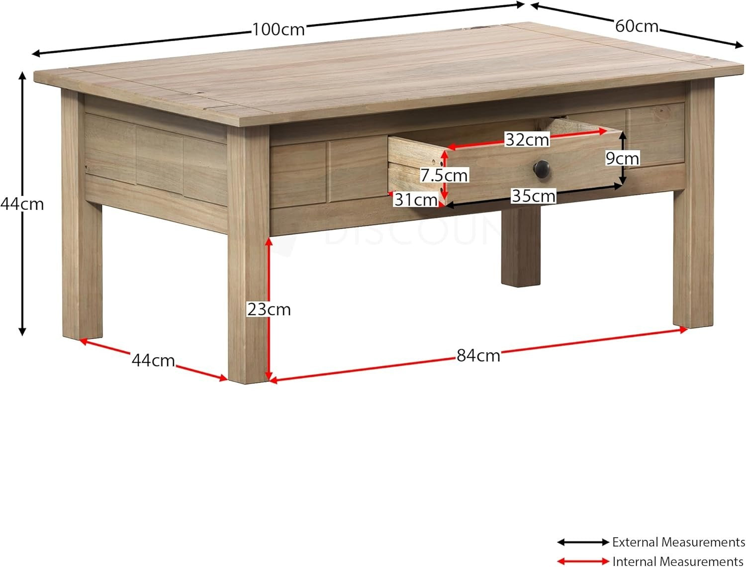 Rustic Natural Oak Coffee Table with Storage Drawer, Solid Pine Wood 60x100cm