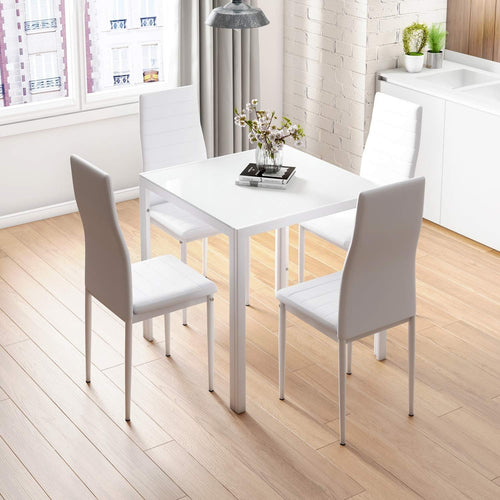 Modern White Glass Dining Table Set with 4 Faux Leather Chairs – 75cm Square