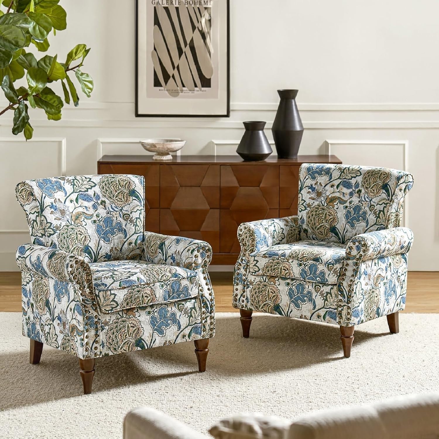Set of 2 Floral Wingback Armchairs Upholstered Lounge Chairs for Living