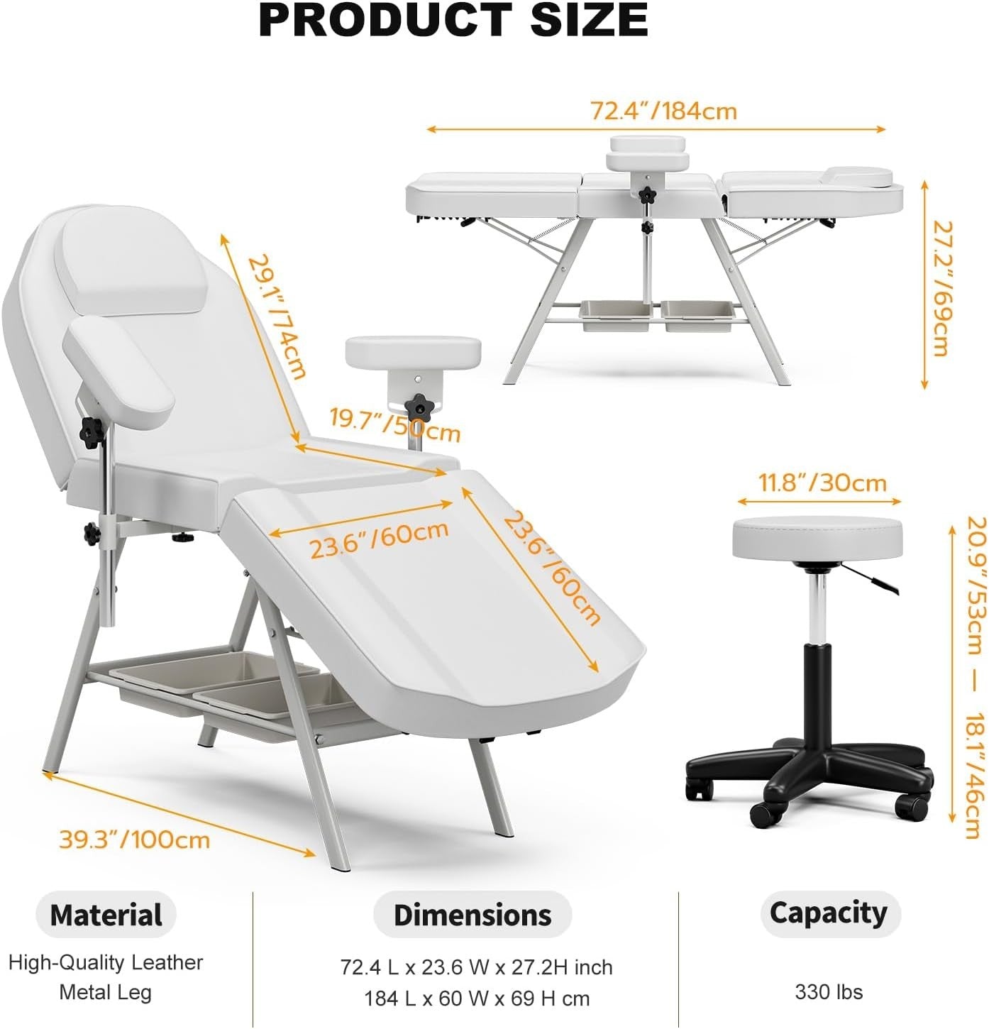Adjustable 3-Section Salon Beauty Tattoo Bed Rotating Armrests Esthetician