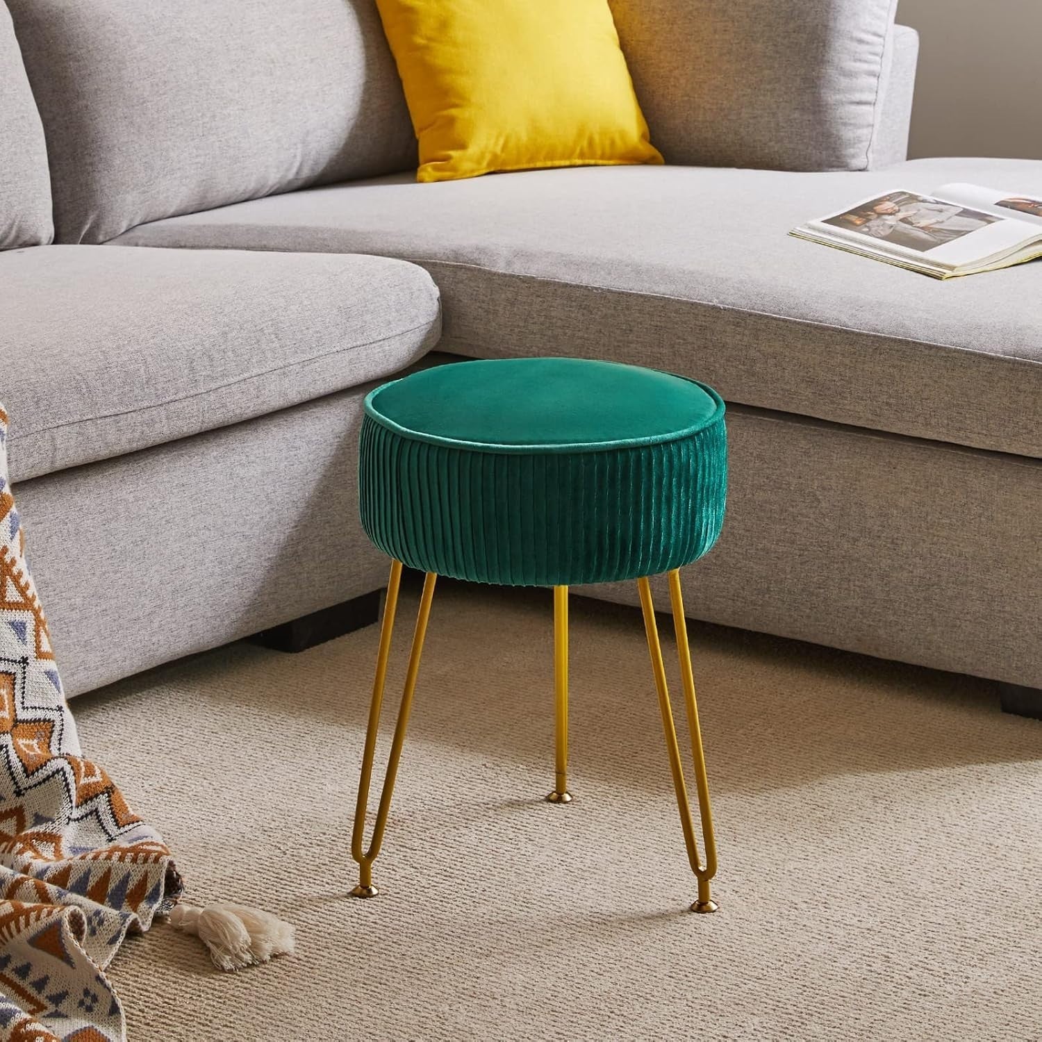 Velvet Round Footrest Stool with Golden Steel Legs – Creamy-White Vanity Seat