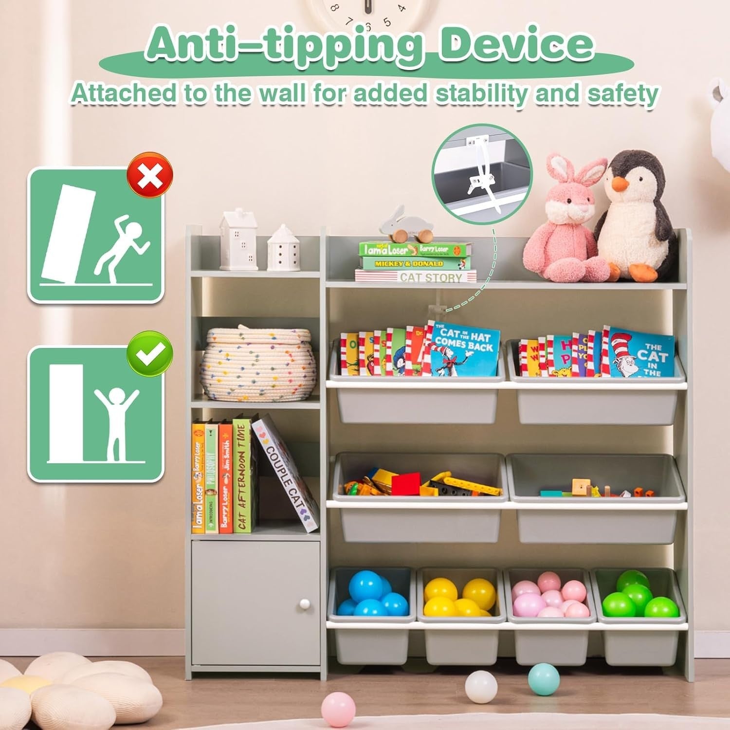 Kids Toy Storage Organizer with 8 Bins, Cabinet & Shelves, Safe & Waterproof