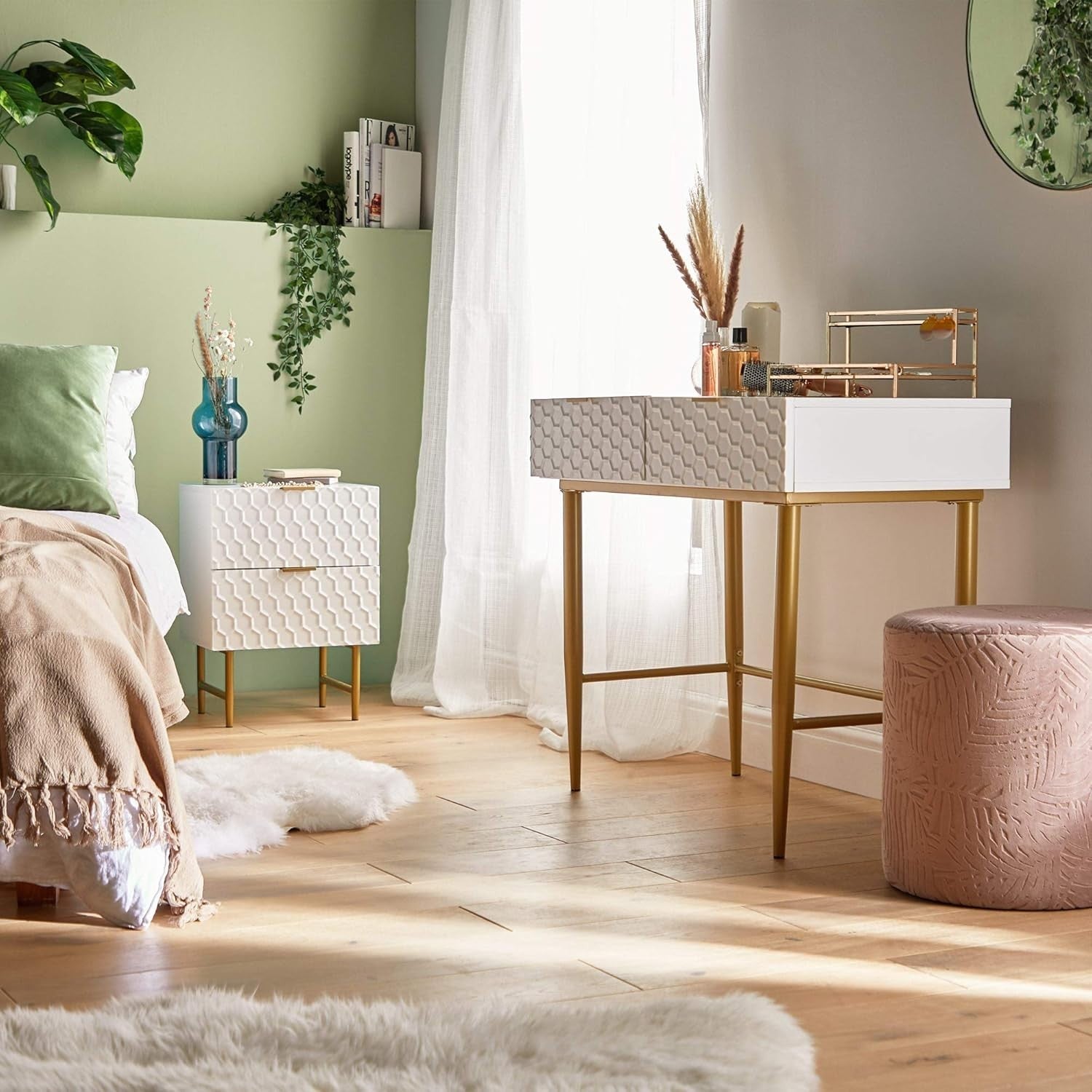 Modern White Dressing Table with Gold Legs, 2 Drawers, Glossy Finish, 90x75cm