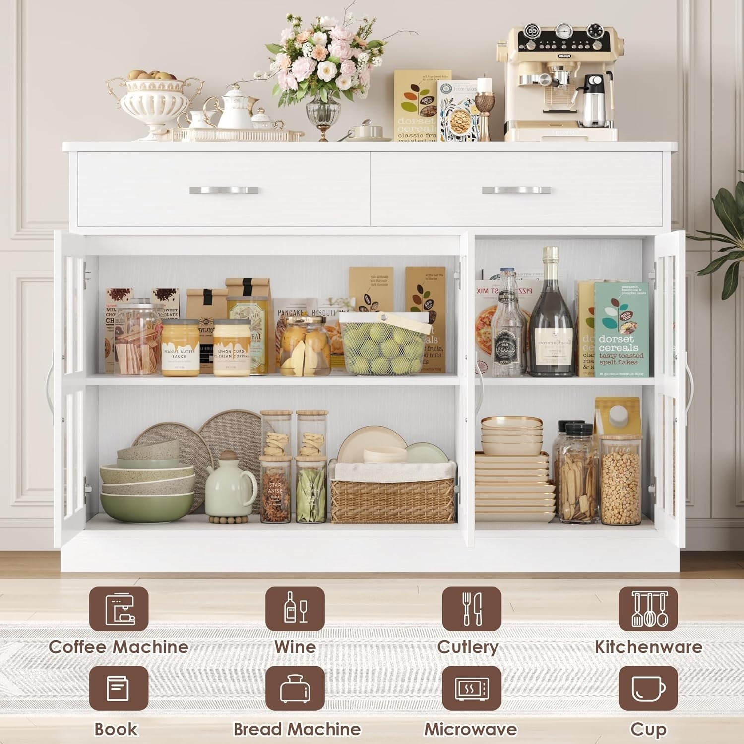 White Sideboard Cabinet Glass Doors Storage Unit with Drawers Shelves