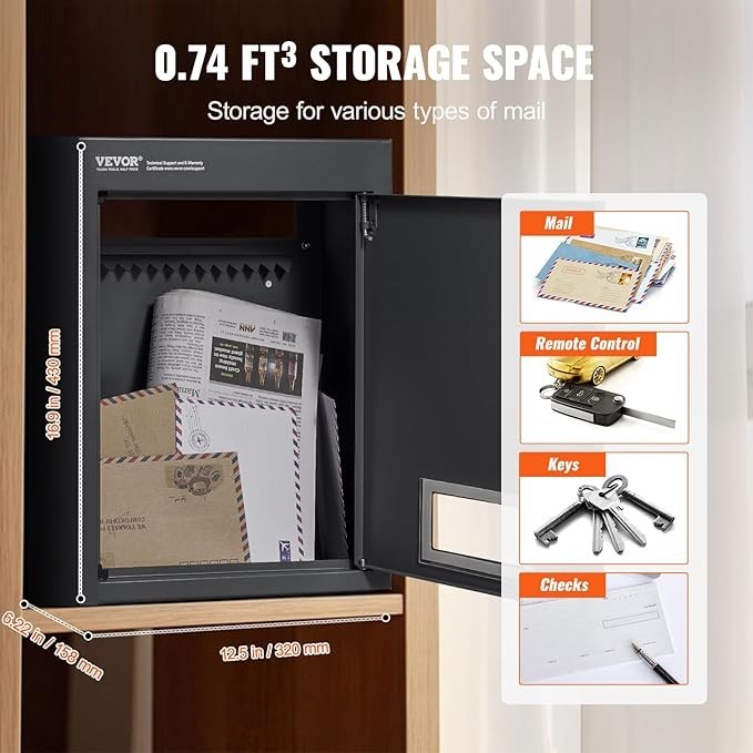 Secure Wall Mounted Mail Drop Box Rainproof Steel Lockbox 12.5x6.3x16.9" Black