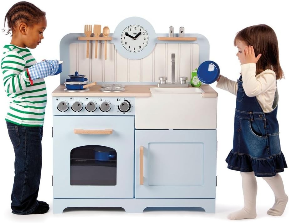 Wooden Kids Play Kitchen Blue w/ Oven Sink Utensils Country Style