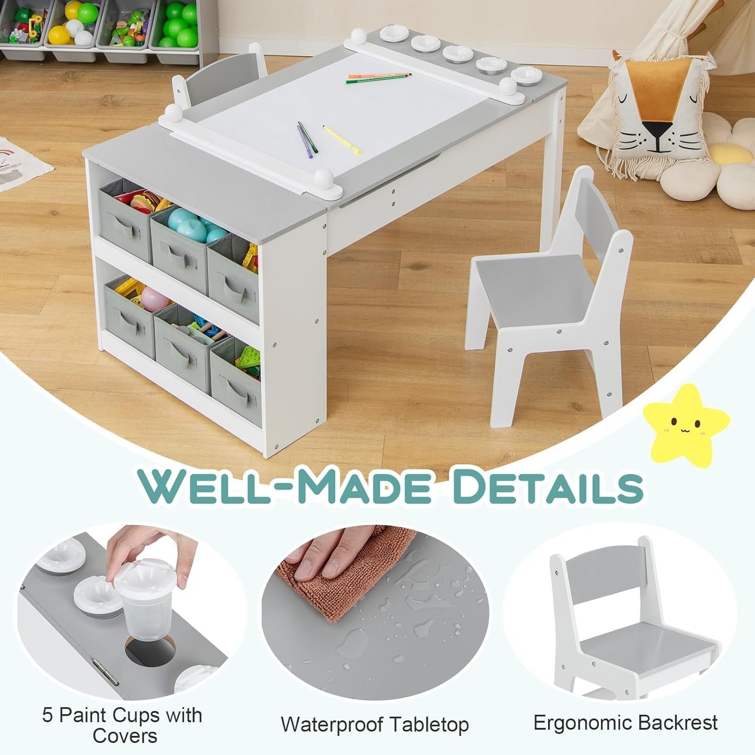 Kids Art Table & Chair Set Easel Desk w/ Storage Bins & Paint Cups