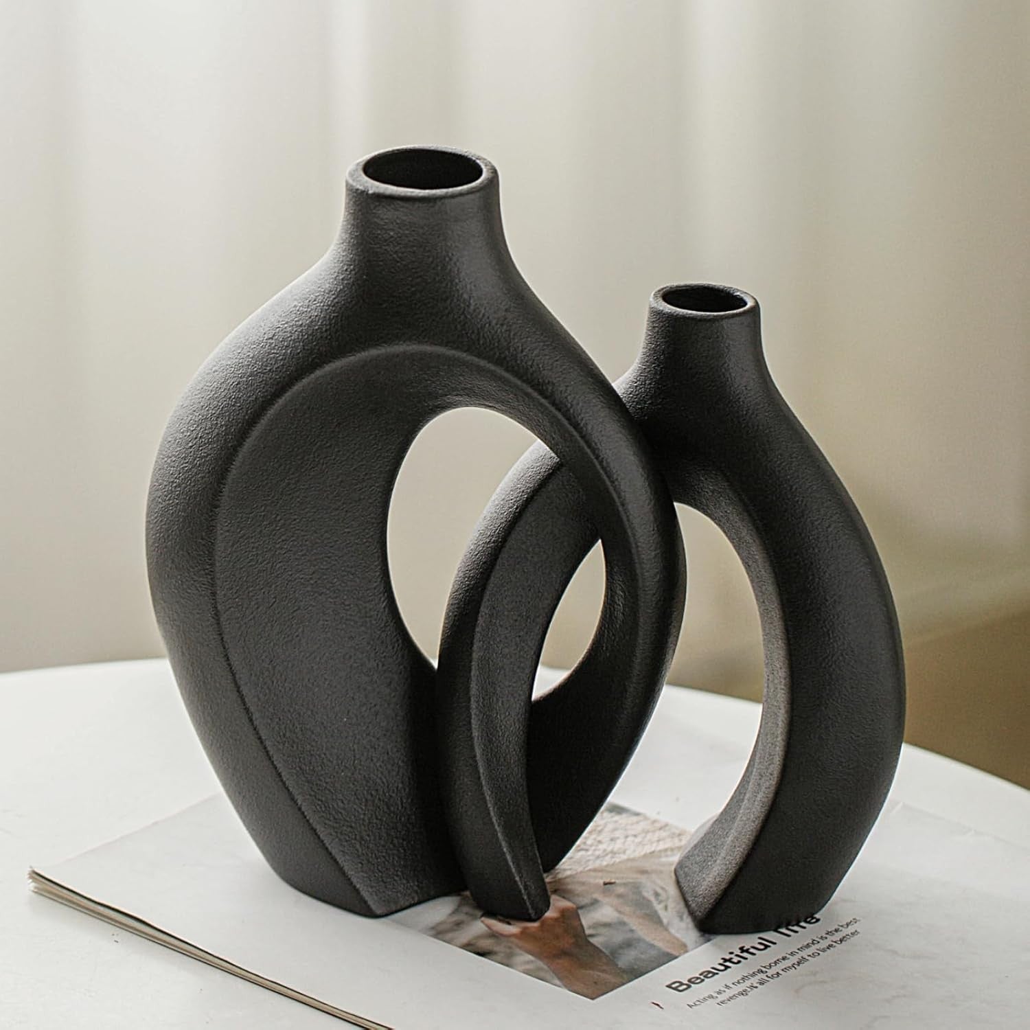 Matte Black Ceramic Vase Set of 2 Nordic Boho Pampas Flower Home Decor