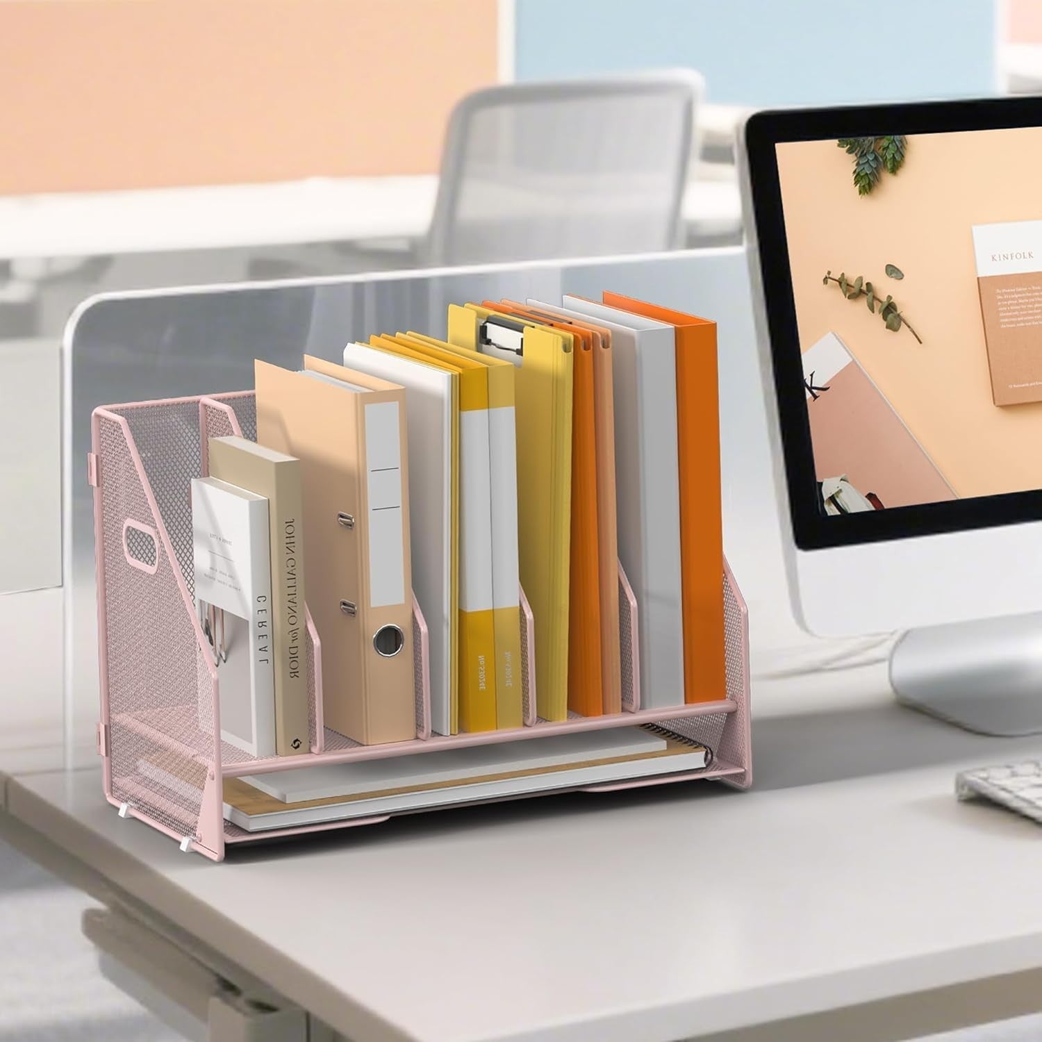 5-Tier Desktop File Organizer Rack | Adjustable Vertical Compartments, Pink