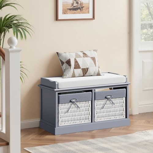 Blue-Grey Storage Bench with Cushion 2 Wicker Baskets Hallway Cabinet Seat