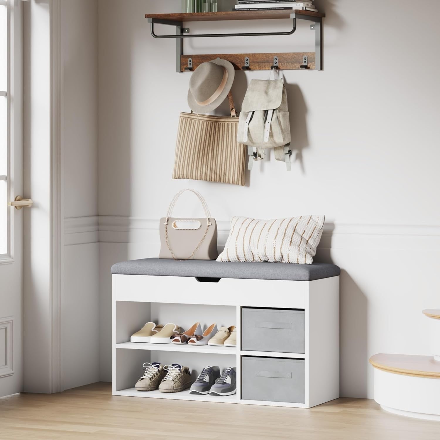 White Shoe Storage Bench with Cushion & Adjustable Shelves, 80x48x30 cm