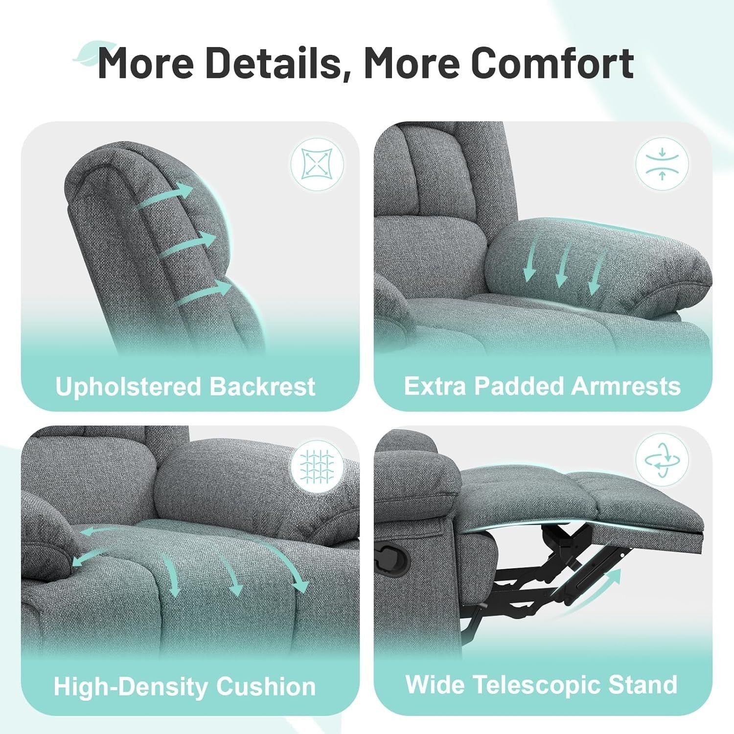 Grey Recliner Armchair Massage Heat Sofa Chair Adjustable Backrest Legrest