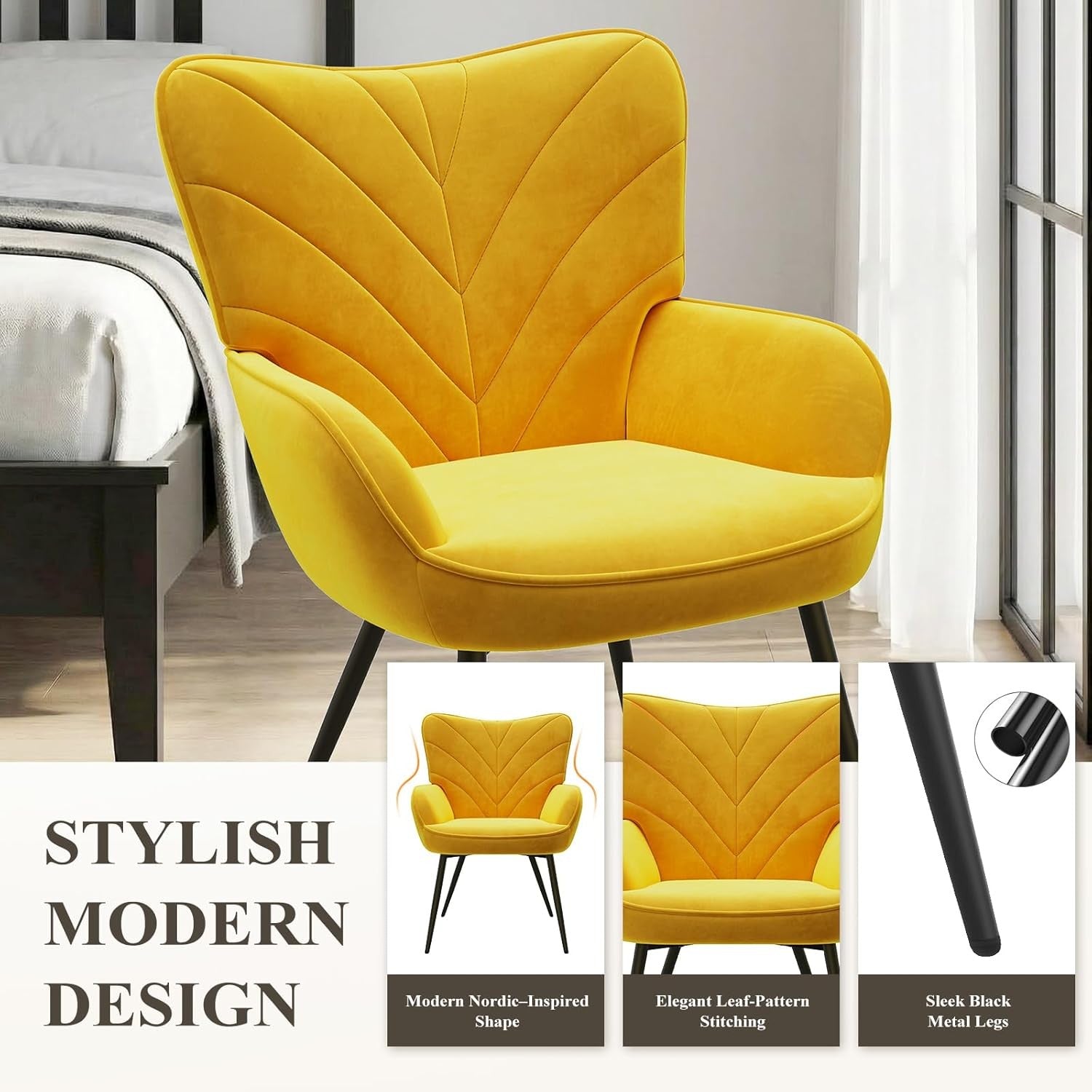 Mustard Yellow Velvet Accent Chair Wide Seat Metal Legs