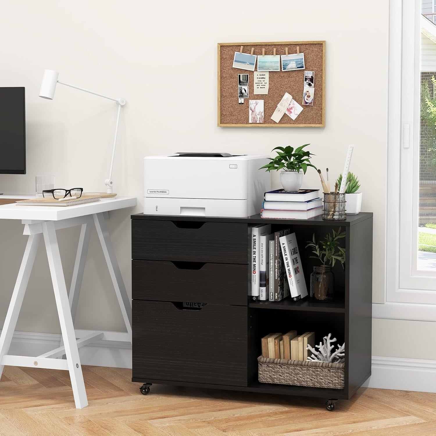 Lateral Mobile Filing Cabinet 3 Drawer A4 Printer Stand Black