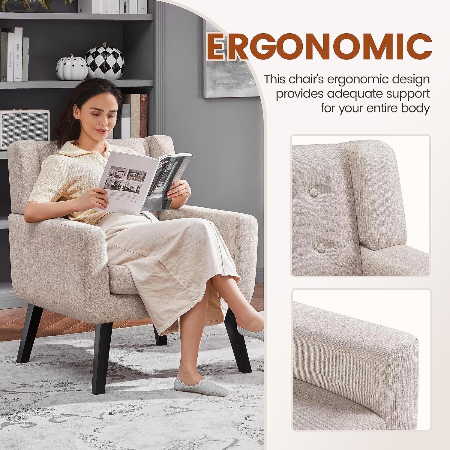 Modern Beige Linen Armchair, Button Tufted, Quilted Wing Back, Living Room