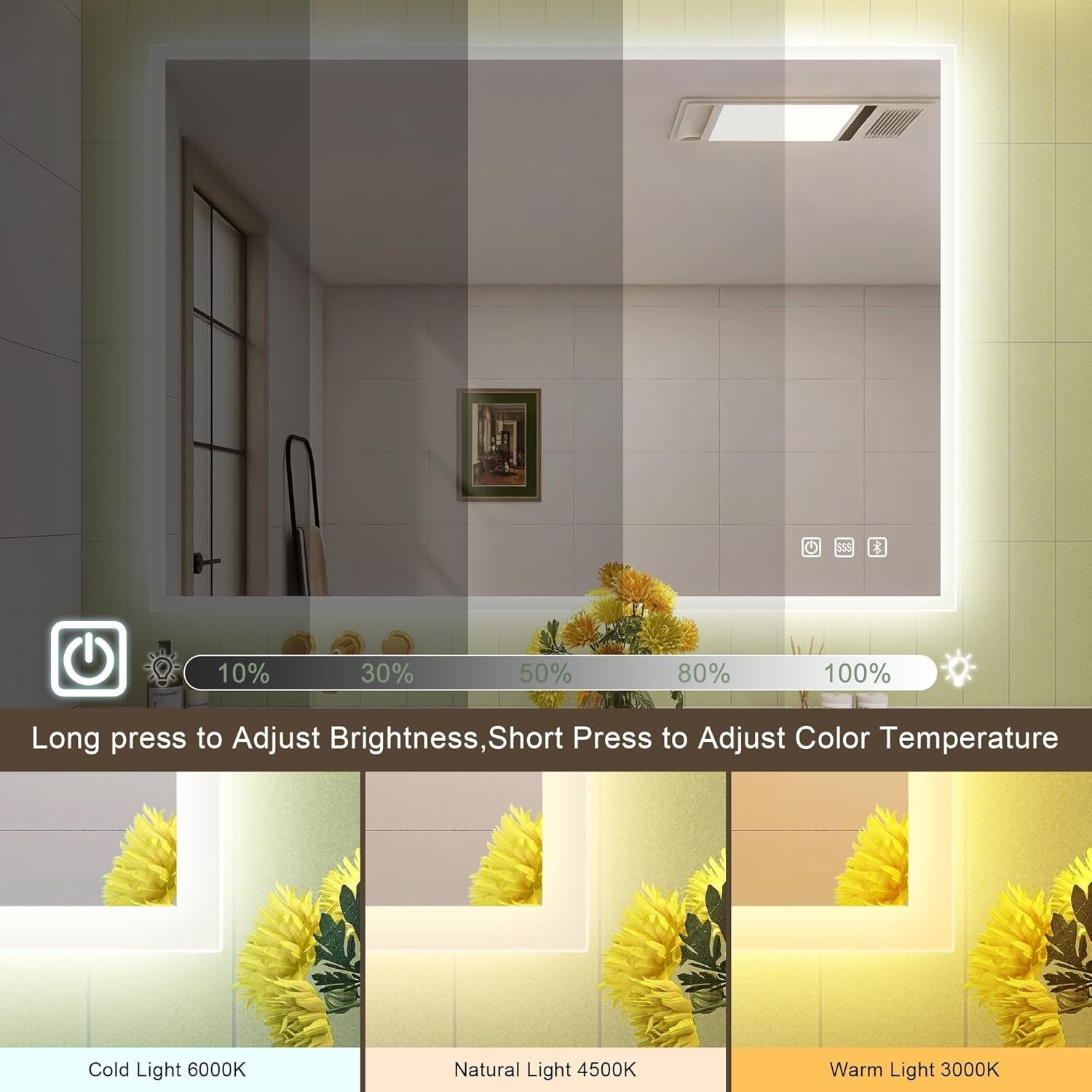 LED Bathroom Wall Mirror 60x80 cm Bluetooth, Dimmable, Anti-Fog, Memory