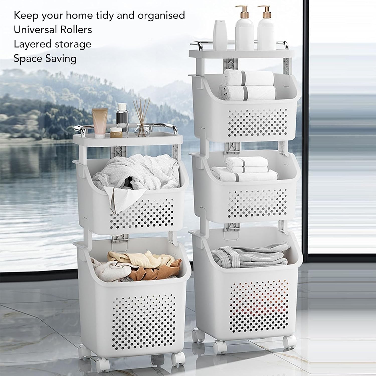 2 Tier Rolling Laundry Hamper Basket Stackable Organizer with Wheels White