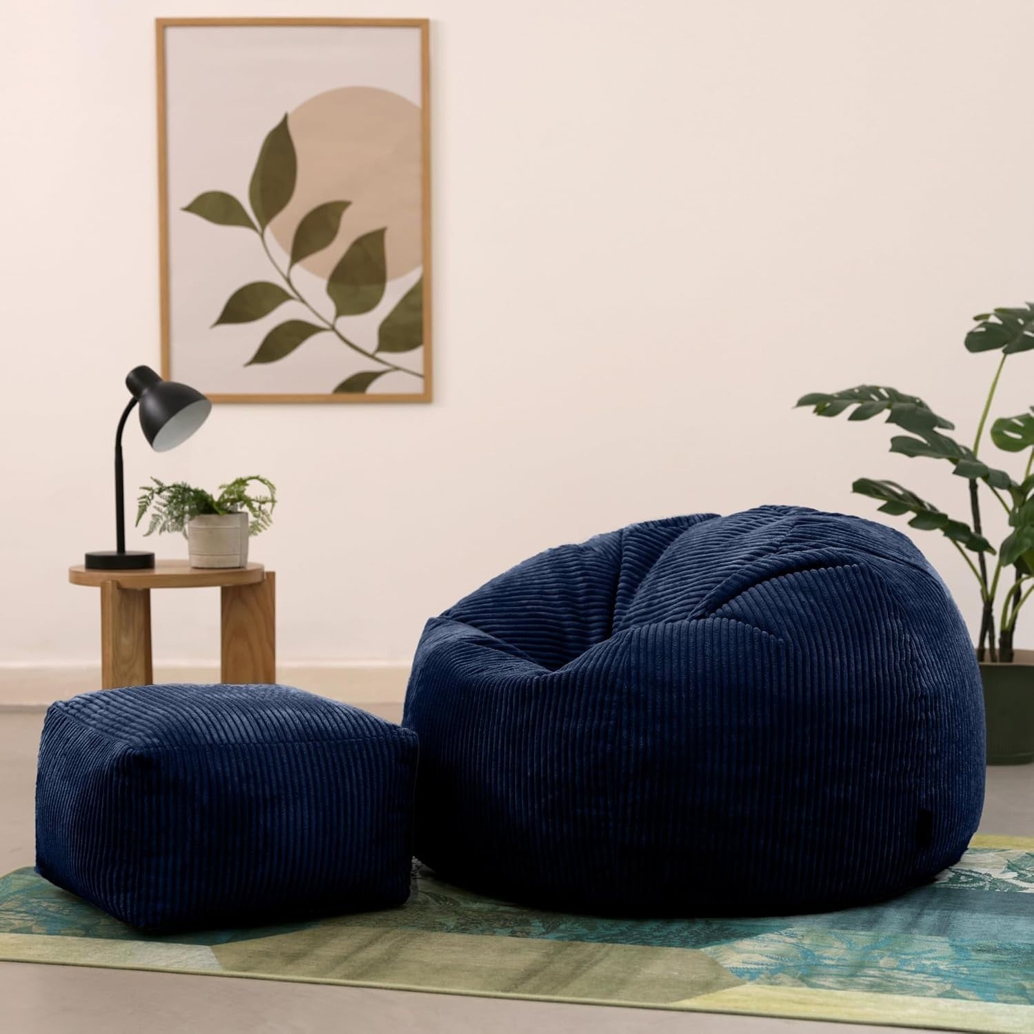 Navy Cord Bean Bag Chair with Footstool Adult Comfy Lounge Seat Set