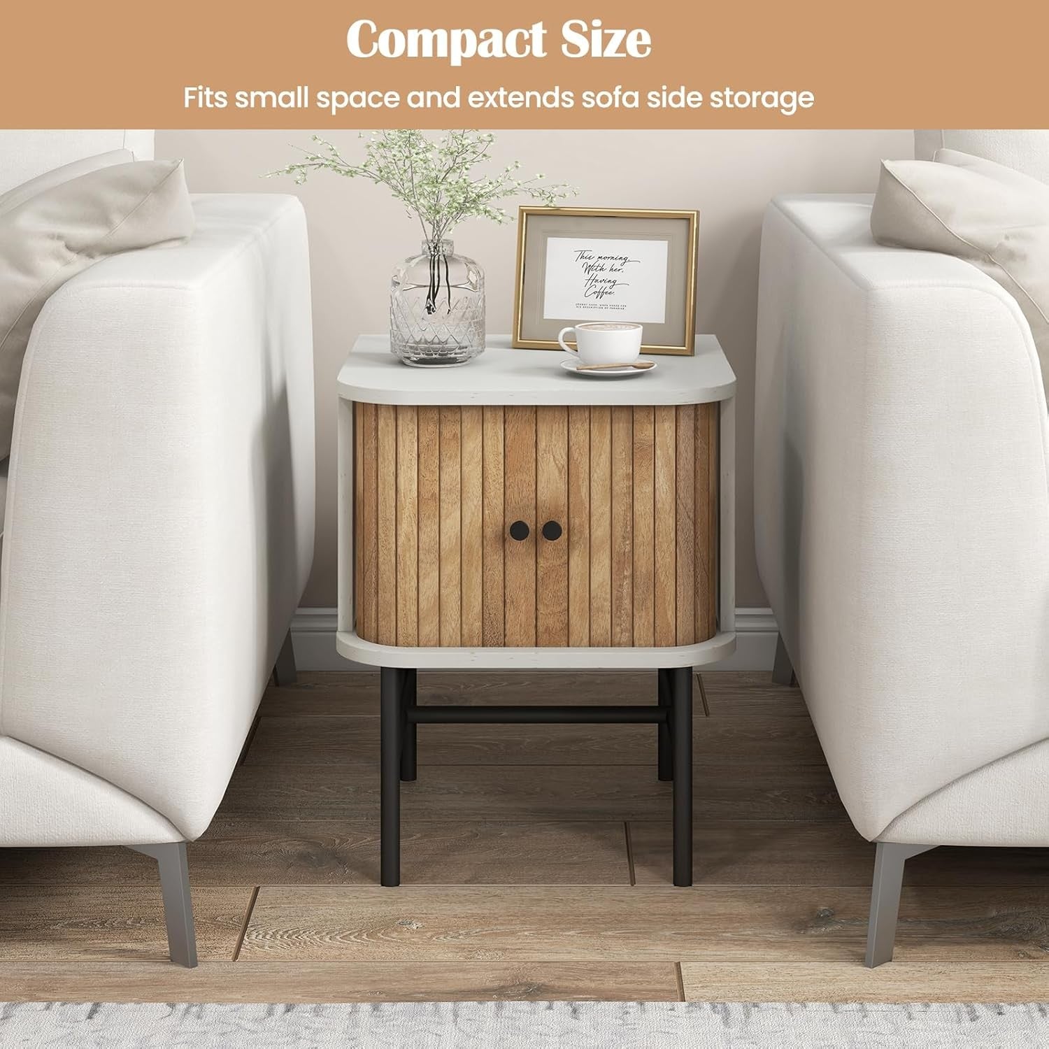 White Bedside Table with Sliding Doors & Metal Legs – Compact Modern Nightstand