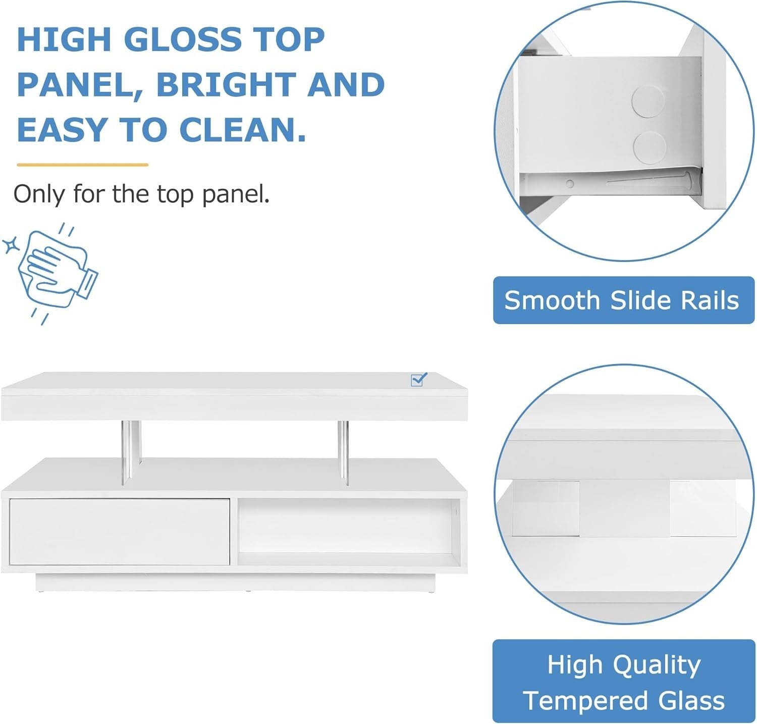 Modern High Gloss Coffee Table with 2 Drawers & Bluetooth LED, 95x50x42.5cm