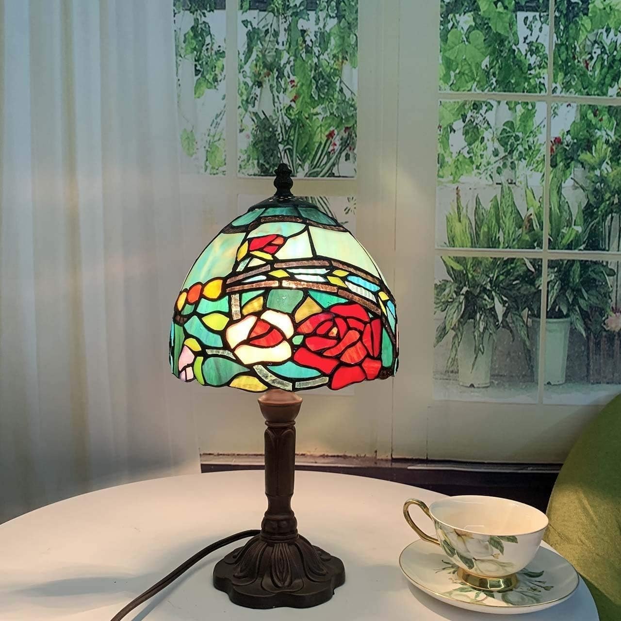 Tiffany Style Rose Glass Table Lamp 15" Tall Vintage Bedside Light E14