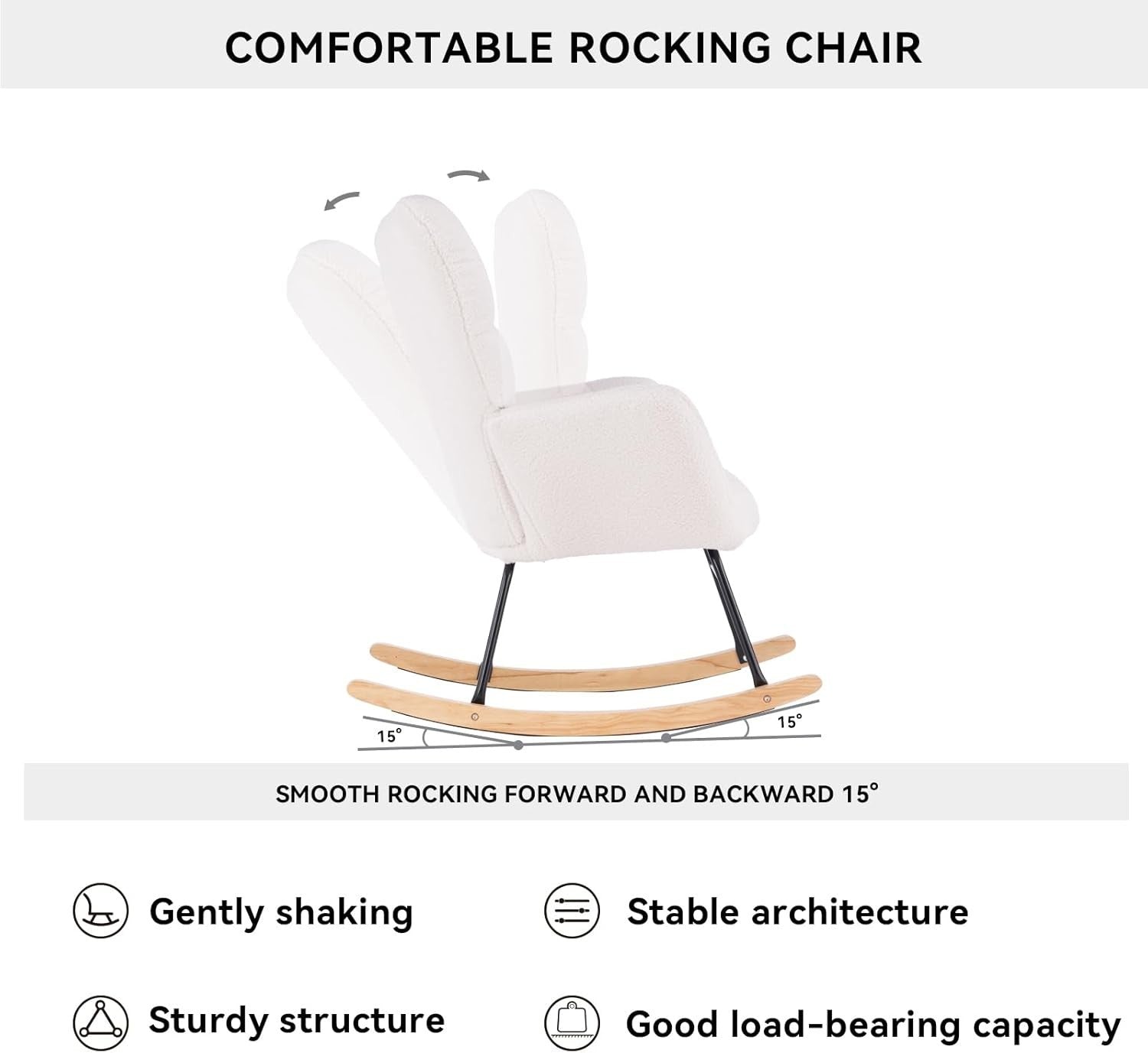 Comfy Rocking Armchair for Adults, Tufted Back, Teddy Fabric, High Backrest