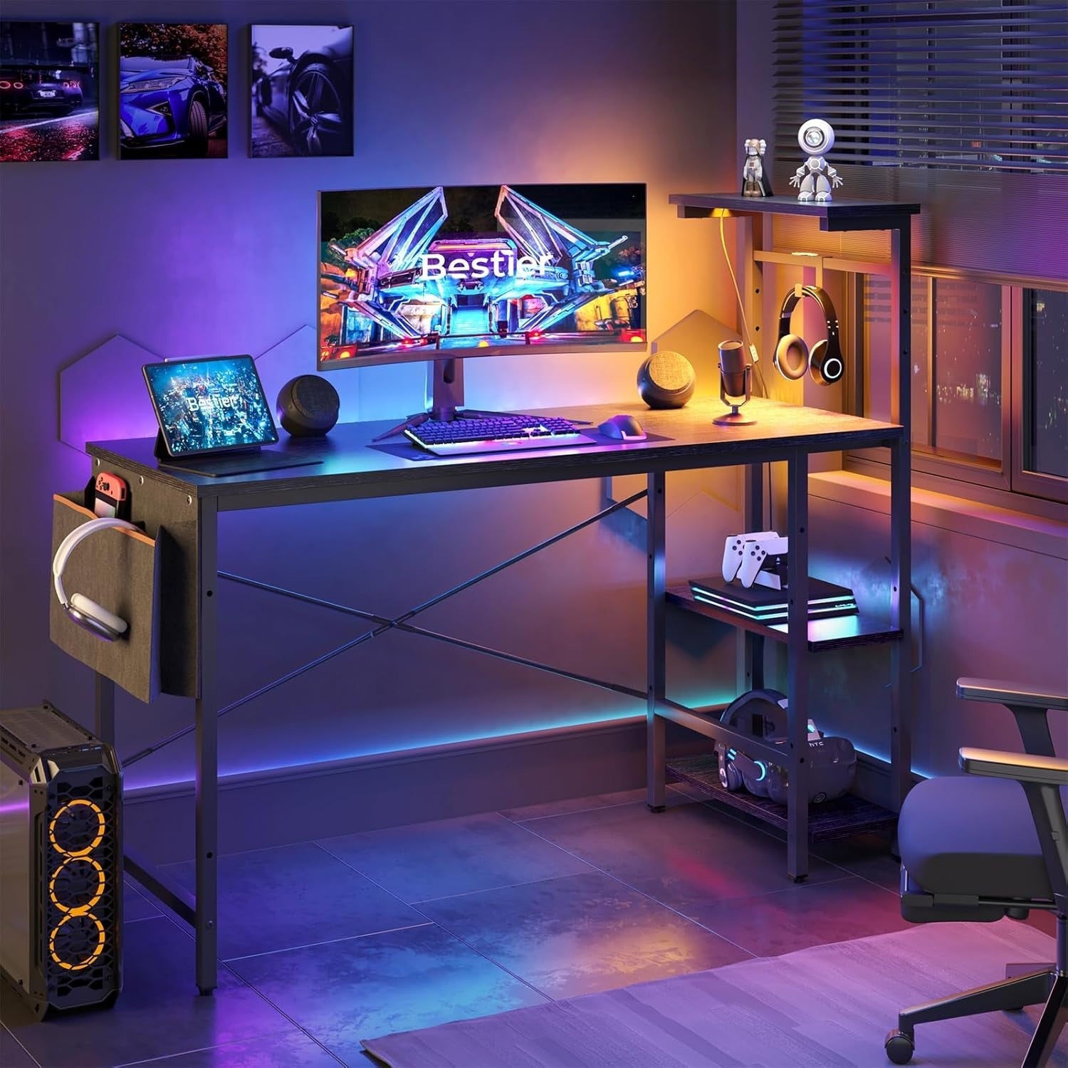 Black 140cm Reversible Gaming Desk w/LED Lights & Storage Shelves