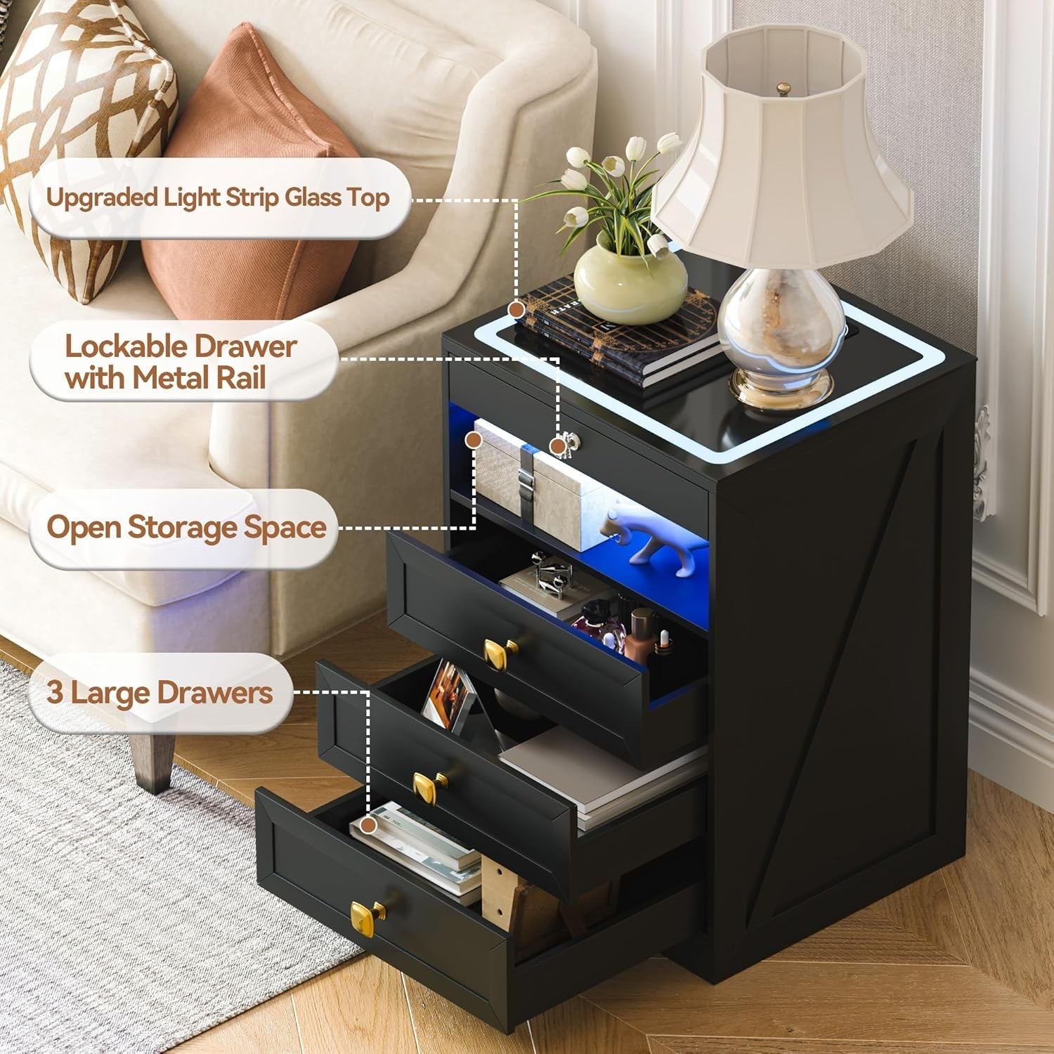 LED Bedside Table with Wireless Charging, 4 Drawers & Lock – Smart Nightstand