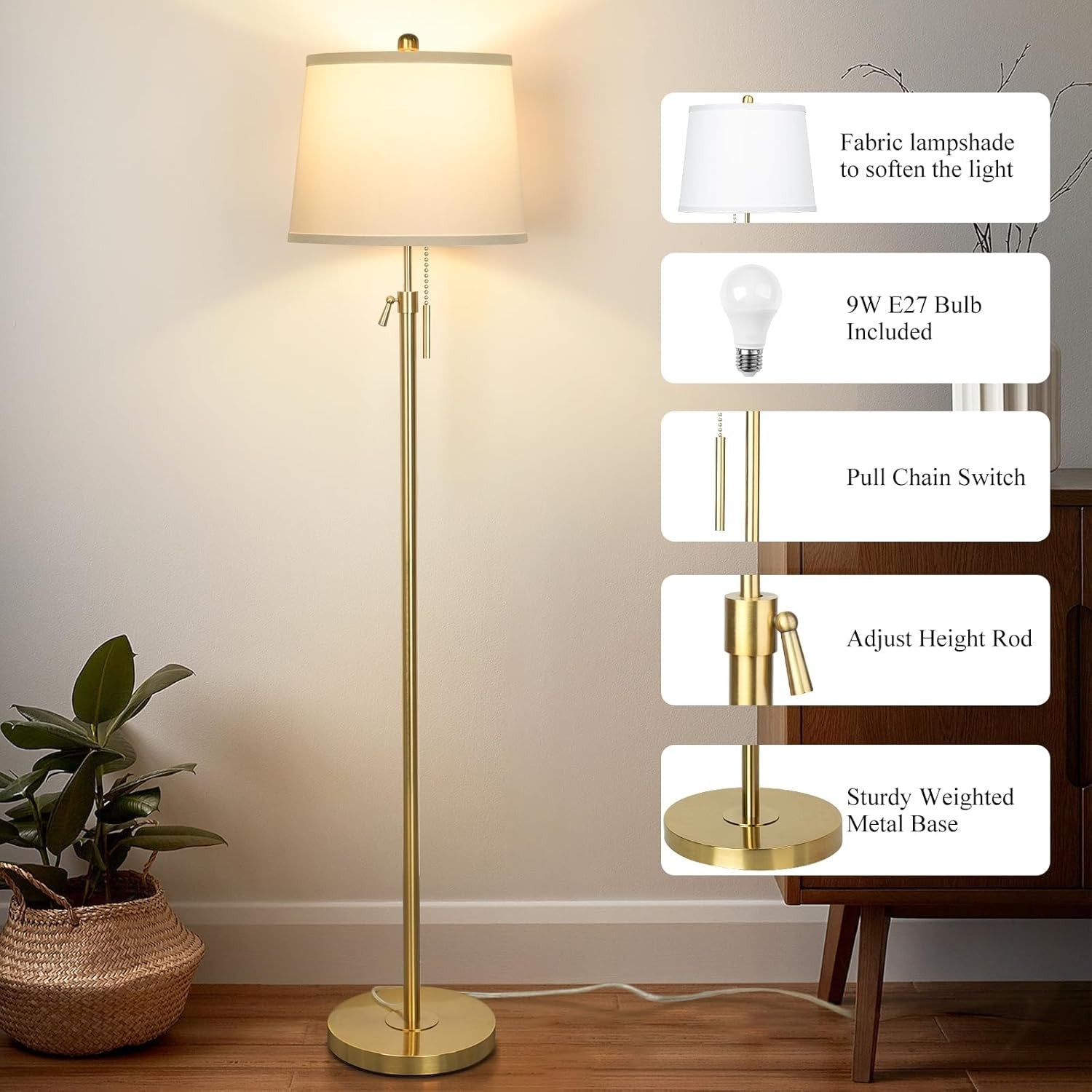 Adjustable Floor Lamp Gold Height Adjustable 3 Colour LED Standing Light