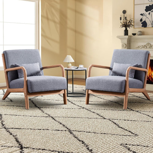 2x Grey Upholstered Accent Armchairs Solid Wood Frame Lounge Chairs